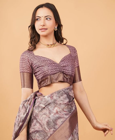 Vasthrlay Mauve Patchwork Print Polyester Saree With Zari Border And Unstitched Blouse Piece