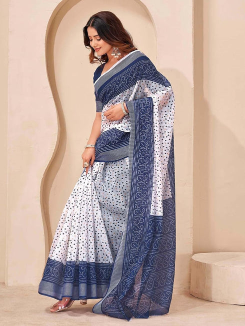 Vasthrlay Bandhani Embroidery Unstitched White Saree