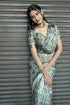 Vasthrlay Greyscale Abstract Floral Polyester Saree With Zari Border And Ruched Unstitched Blouse Piece