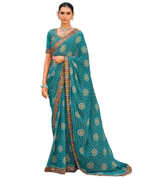Vasthrlay Georgette Scalloped Unstitched Dark Green Saree