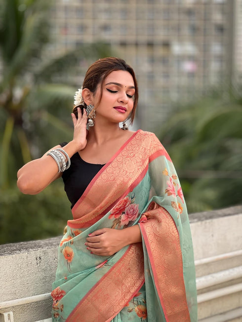 Vasthrlay Kanjivaram Organza Kalamkari Cream Purple Ethnic Wear