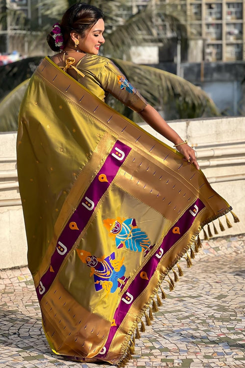 Vasthrlay Kanjivaram Paithani Unstitched Mahendi Ethnic Wear