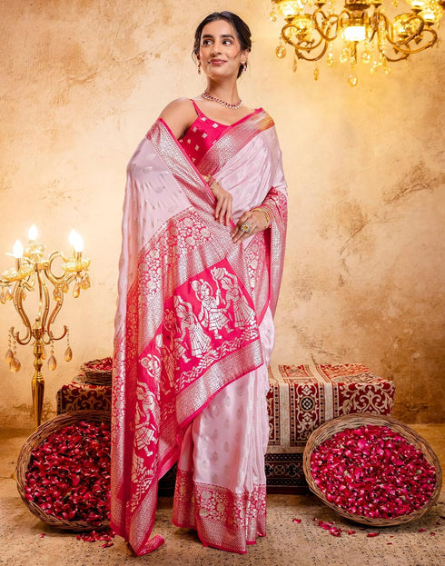 Vasthrlay Womens Printed Light Pink Saree With Unstitched Blouse Piece