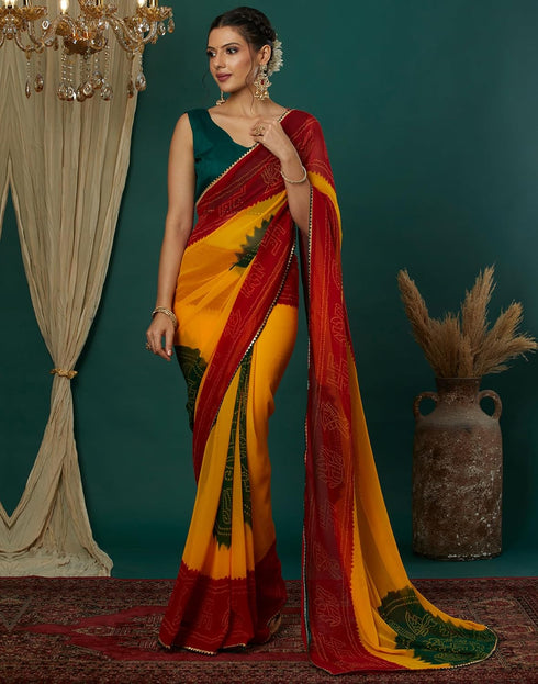 Vasthrlay Georgette Bandhani Unstitched Red Saree