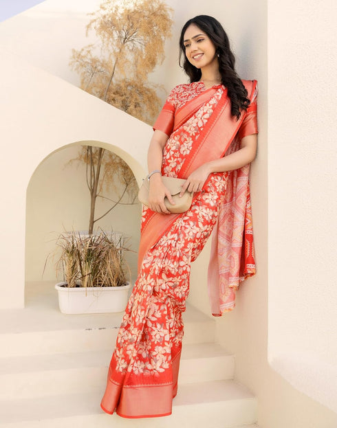 Vasthrlay Womens Printed Unstitched Beige Saree