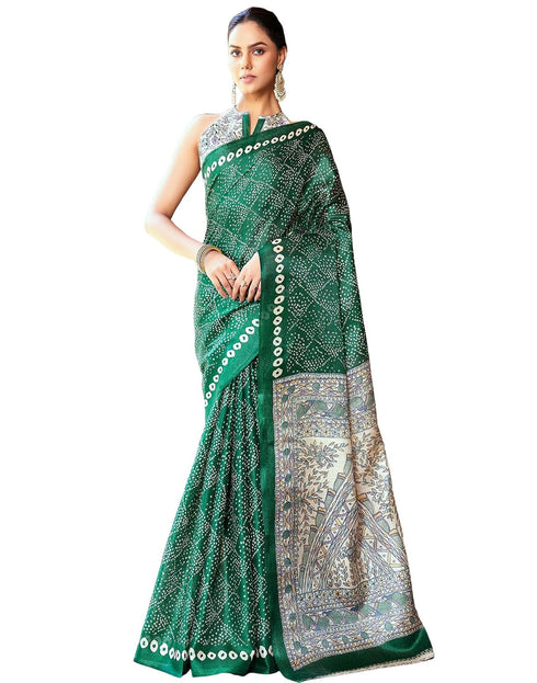 Vasthrlay Bandhani Printed Dark Green Saree With Unstitched Blouse Piece