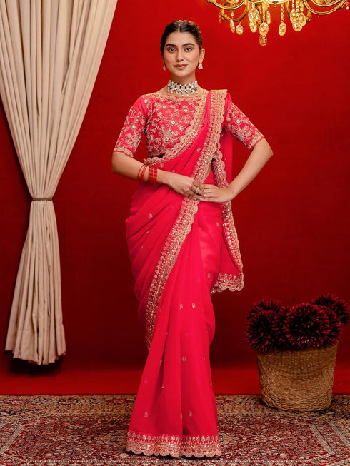 Vasthrlay Georgette Embroidery Unstitched Coral Saree