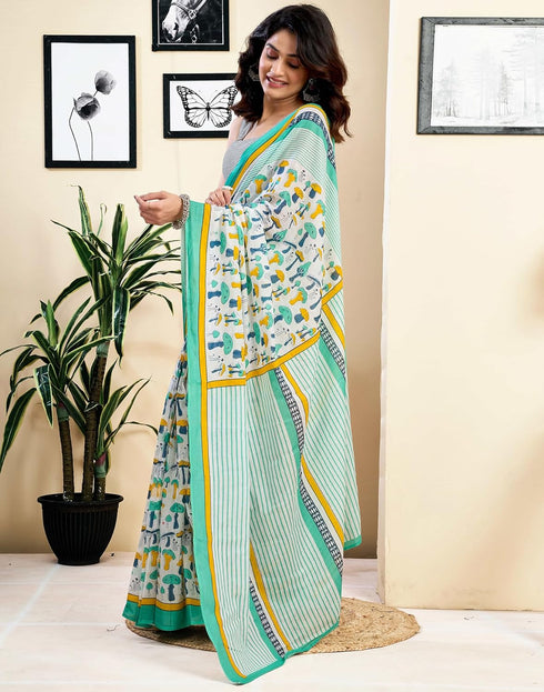 Vasthrlay Womens Printed Unstitched White Saree