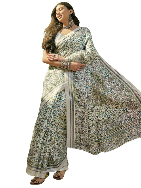 Vasthrlay Womens Printed Unstitched Beige Saree
