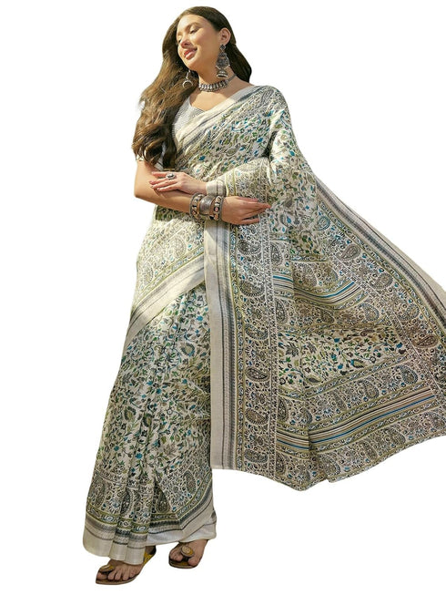 Vasthrlay Womens Printed Beige Multicolour Saree With Unstitched Blouse Piece