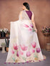 Vasthrlay Off White1 Leaf Print Organza Saree With Mustard Piping And Ruched Sleeveless Unstitched Blouse Piece
