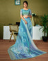 Vasthrlay Womens Cotton Printed Blue And Green Saree With Unstitched Blouse Piece