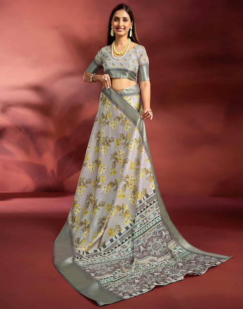 Vasthrlay Printed Jacquard Unstitched Rama Green Saree