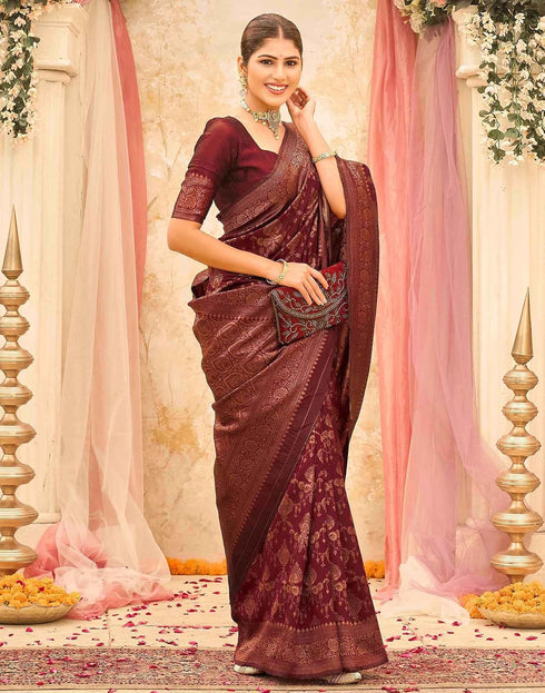 Vasthrlay Womens Weaving Maroon | Copper Saree With Unstitched Blouse Piece