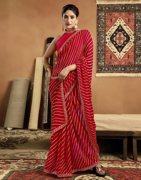 Vasthrlay Georgette Embroidery Red Saree With Unstitched Blouse Piece