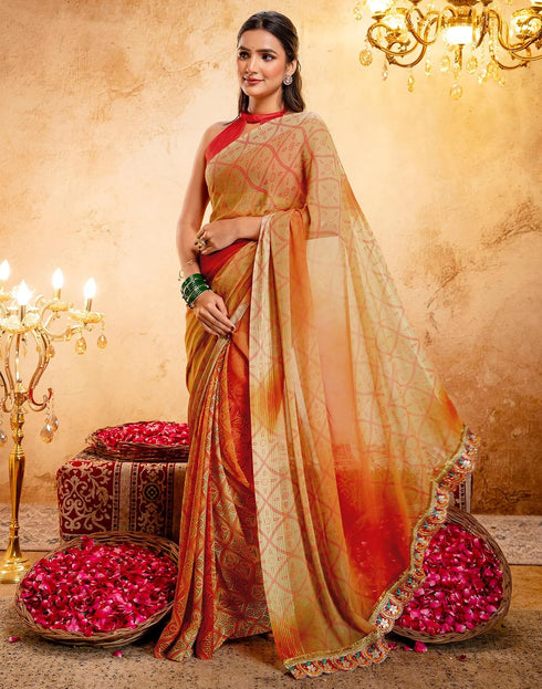 Vasthrlay Georgette Bandhani Orange Saree With Unstitched Blouse Piece