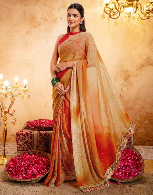 Vasthrlay Georgette Bandhani Unstitched Orange Saree