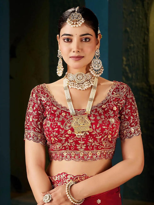 Vasthrlay Scalloped Embroidery Unstitched Rani Pink Saree
