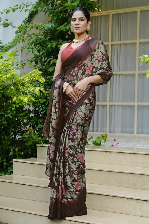 Vasthrlay Fashion Chiffon Georgette Beige Ethnic Wear