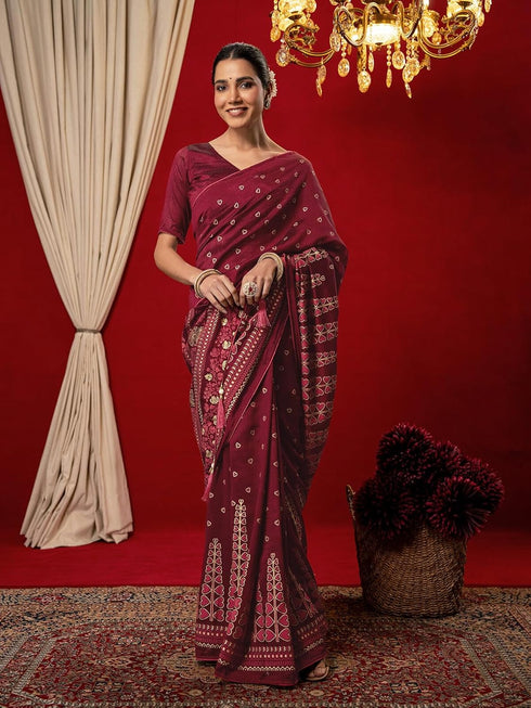 Vasthrlay Vichitra Printed Unstitched Maroon Saree