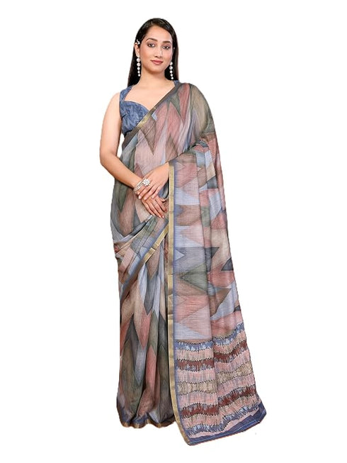 Vasthrlay Brown Linen Floral | Striped | Check Design Printed Saree With Solid Unstitched Linen Blouse Piece