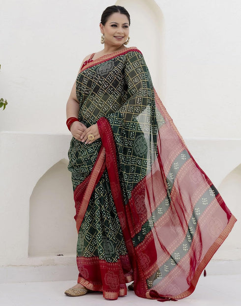Vasthrlay Chiffon Bandhani Green Saree With Red Unstitched Blouse Piece