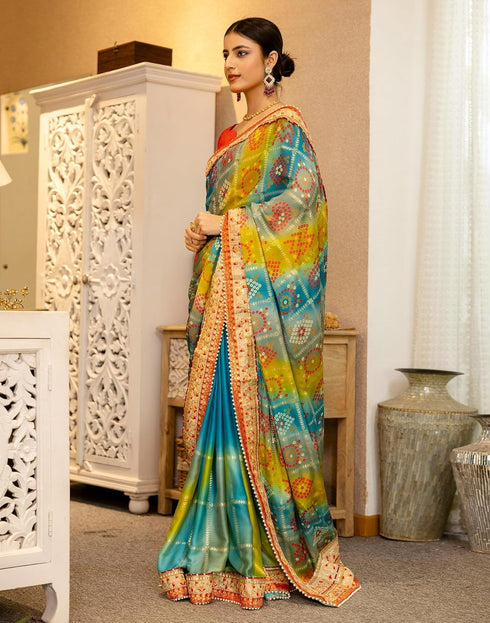 Vasthrlay Bandhani Embroidery Unstitched Teal Saree