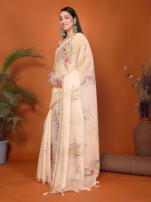 Vasthrlay Multicolour1 Leaf Print Organza Saree With Mustard Piping And Ruched Sleeveless Unstitched Blouse Piece