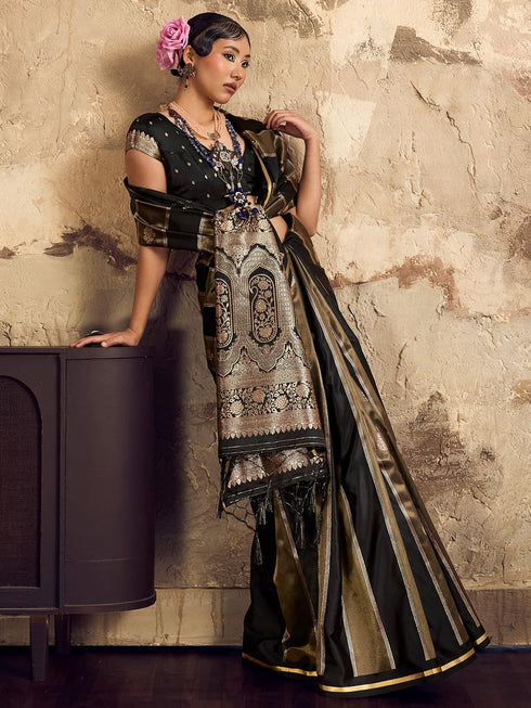 Vasthrlay Vasthrlaywomensbluesatinethnicmotifprinttasselsandlatkanssareewithunstitchedblousepiece Sareeforwoman Designersareeforwomen Rj Ethnic Wear