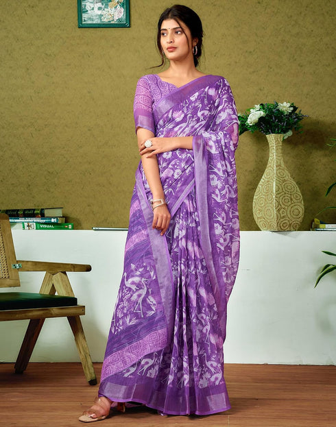 Vasthrlay Womens Cotton Printed Purple Saree With Unstitched Blouse Piece