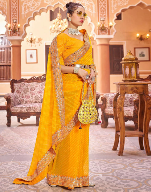 Vasthrlay Embroidery Georgette Light Yellow Saree With Unstitched Blouse Piece
