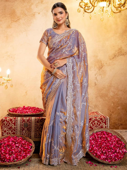 Vasthrlay Scalloped Embroidery Unstitched Light Green Saree