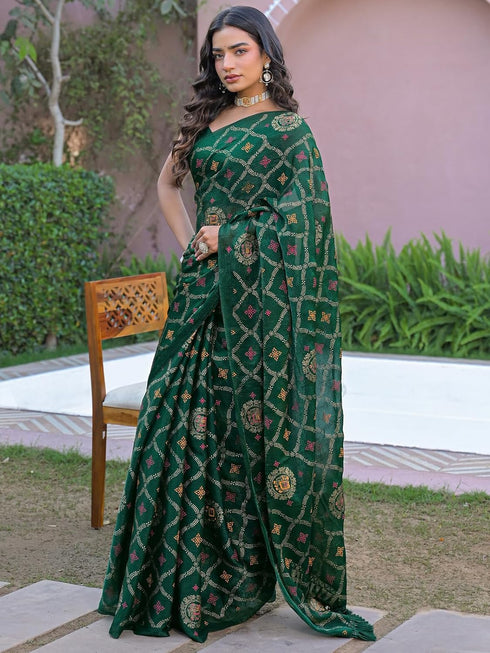 Vasthrlay Chiffon Printed Unstitched Teal Saree