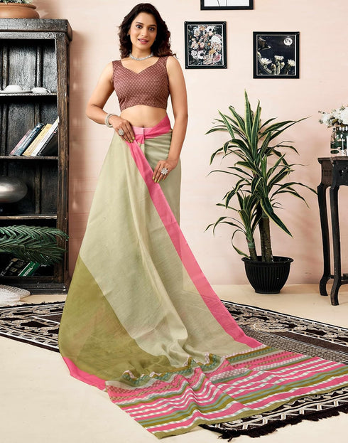 Vasthrlay Chanderi Printed Unstitched Off White Saree