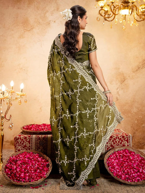 Vasthrlay Scalloped Embroidery Unstitched Light Green Saree
