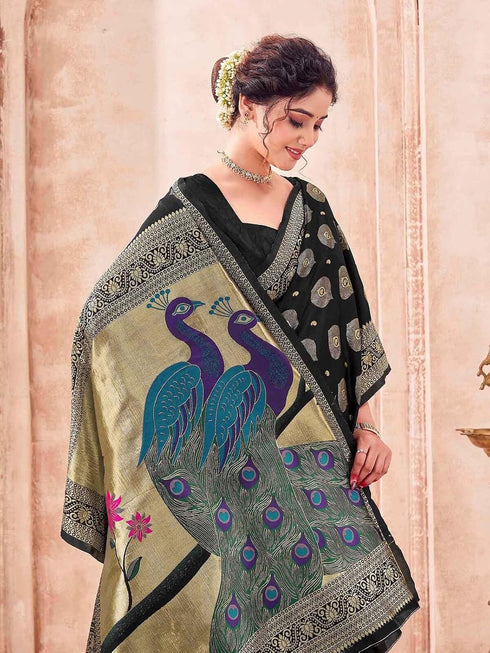 Vasthrlay Weaving Banarasi Black | Golden Saree With Unstitched Blouse Piece