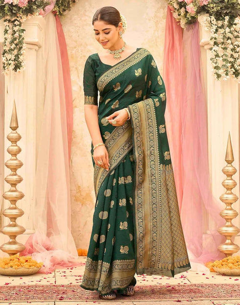 Vasthrlay Womens Weaving Unstitched Dark Green Saree