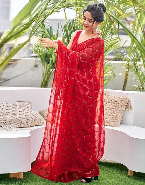 Vasthrlay Georgette Embroidery Unstitched Red Saree