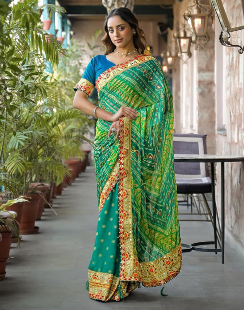 Vasthrlay Bandhani Embroidery Green | Teal Green Saree With Unstitched Blouse Piece