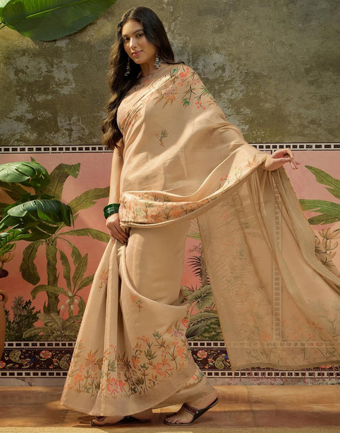 Vasthrlay Shimmer Printed Unstitched Beige Saree