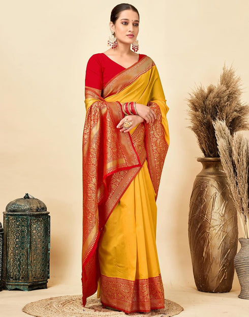 Vasthrlay Jacquard Letest Unstitched Yellow Saree