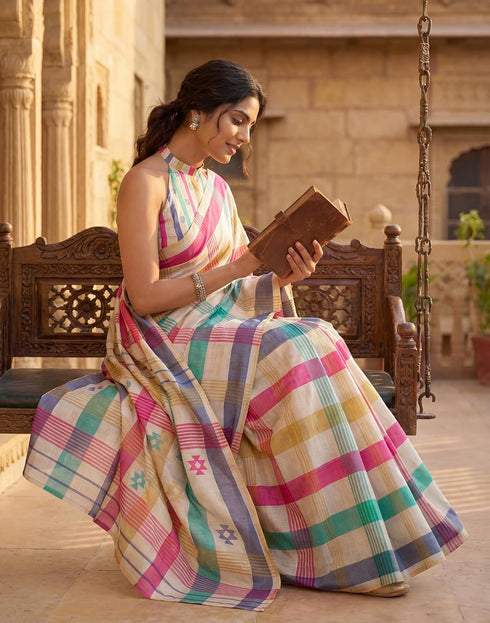 Vasthrlay Chanderi Printed Unstitched Beige Saree