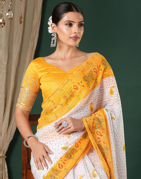 Vasthrlay Georgette Bandhani Unstitched White Saree