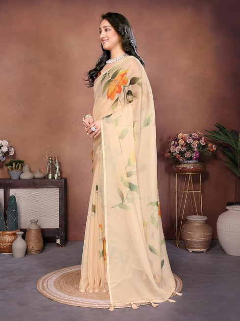 Vasthrlay Multicolour2 Leaf Print Organza Saree With Mustard Piping And Ruched Sleeveless Unstitched Blouse Piece