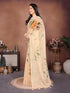 Vasthrlay Multicolour2 Leaf Print Organza Saree With Mustard Piping And Ruched Sleeveless Unstitched Blouse Piece