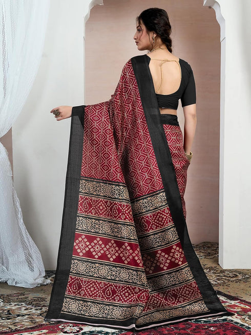 Vasthrlay Bandhani Printed Maroon Saree With Black Unstitched Blouse Piece