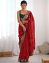 Vasthrlay Georgette Embroidery Red Saree With Dark Green Unstitched Blouse Piece