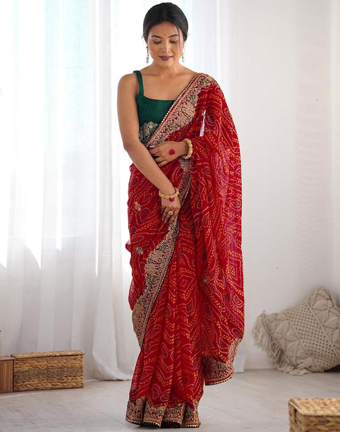 Vasthrlay Georgette Embroidery Unstitched Red Saree