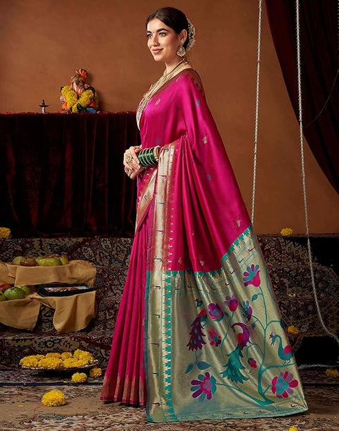 Vasthrlay Womens Paithani Unstitched Pink Saree