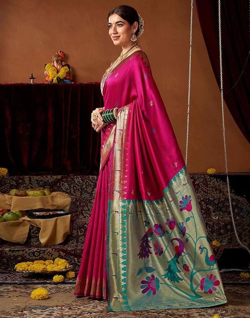 Vasthrlay Womens Paithani Pink And Golden Saree With Unstitched Blouse Piece